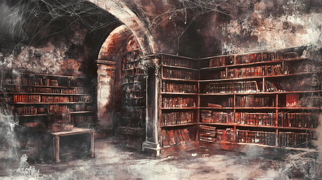 Dusty old library with cobwebs hanging from the ceiling, old wooden shelves, forgotten tomes. Forgotten Tapestry. Illustration