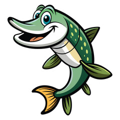 Smiling Northern Pike Cartoon with Big Eyes and Detailed Fin on White