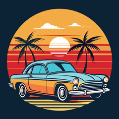 Retro Classic Car with Palm Trees and Sunset. Vintage Auto on Dark Background