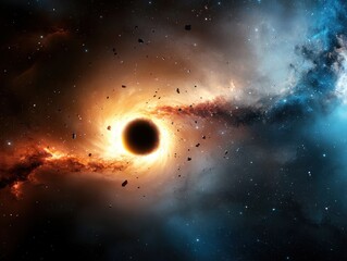 Obraz premium A cosmic scene of a black hole pulling in glowing neon debris, surreal space art, vibrant colors, high detail.