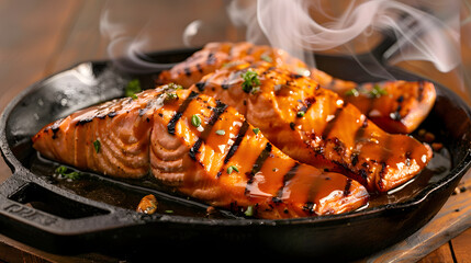 Grilled salmon fillets with smoky BBQ glaze, garnished with herbs