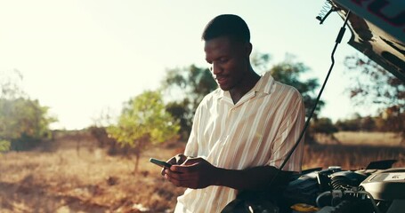 Man, car breakdown and phone outdoor for roadside assistance, engine repair service and typing text message. Motor problem, black person and chat to mechanic for vehicle advice, fuel issue and stress
