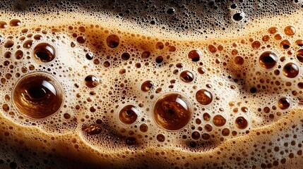 Close-up macro shot of rich brown coffee crema with many air bubbles and foam texture detail.