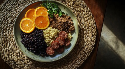 Authentic Brazilian feijoada with sausage beans farofa and orange slices in rustic dining setting created with Generative AI technology