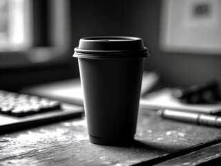 A black disposable coffee cup with a lid is placed on a wooden table in a dimly lit room, with a blurred background showing a window, a keyboard, and a pen.
