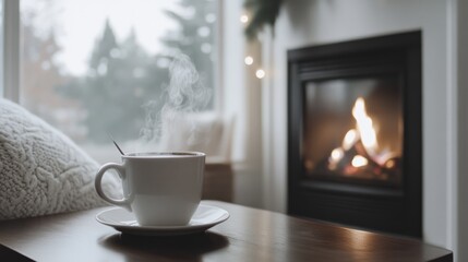 Cozy setting captures a steaming cup of coffee beside a crackling fireplace, exuding warmth and comfort in a tranquil home environment.