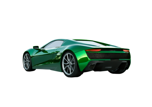 Sleek green sports car back view isolated on transparent background
