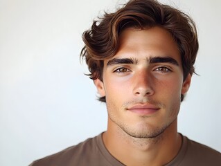 A young man with wavy brown hair and light brown eyes looks directly at the camera in a close-up portrait.