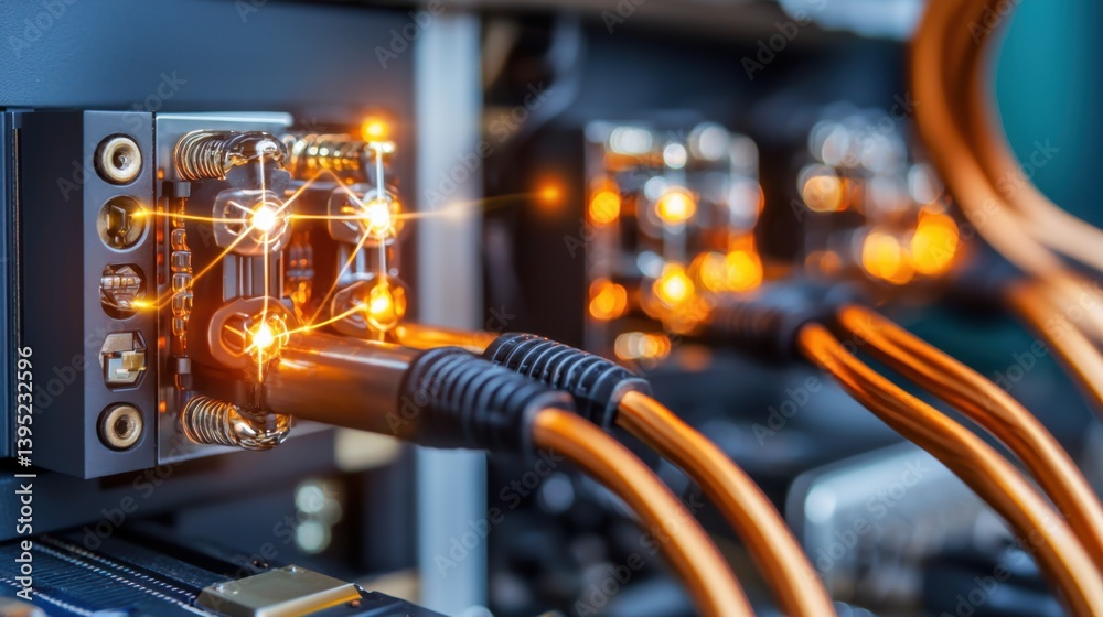 Poster close up of quantum computer in operation with focus on electrical connections and digital component
