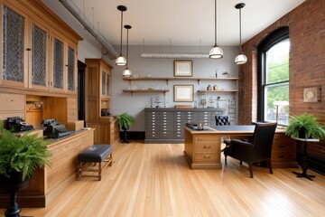 Vintage-style office with typewriters, rotary phones, and filing cabinets