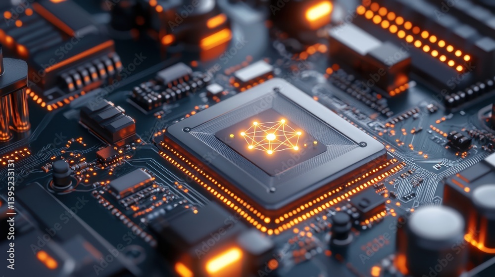 Poster close-up of quantum computer running cryptographic processes on advanced circuit board technology