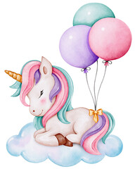 Cute Unicorn with Balloons, Isolated Watercolor Illustration