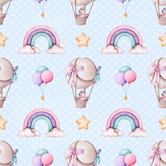 Unicorn and Rainbow Pattern,  Light Blue Seamless Design