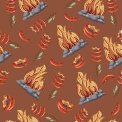 seamless pattern with an icon of fried sausages on an open fire on a wooden stick with green leaves and a bright hearth with gray stones around it on a red background