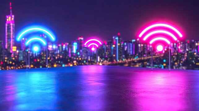 Neon Wi-Fi Symbols Over Cityscape at Night with Colorful Lights