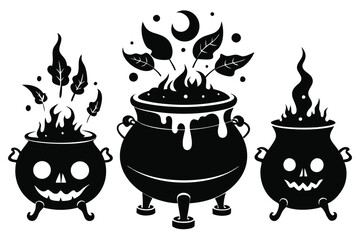Halloween Icon Set Witch Cauldron Silhouette with Fire, Leaves, and Moon, Black and White