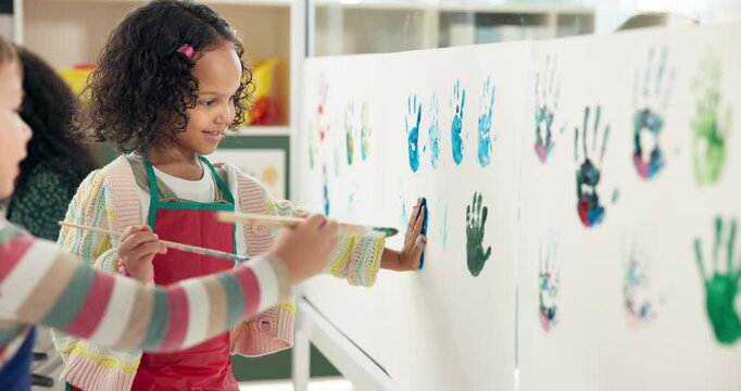 Kids, student and creative with handprint painting of art lesson, identity poster and preschool learning. Children, messy canvas and fun activity, artwork project and color mixing of education memory