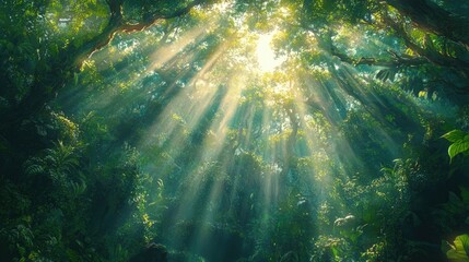 Obraz premium Sunlight streaming through a dense jungle canopy, illuminating lush green foliage and vibrant flora