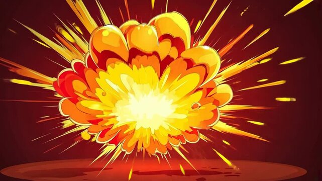 Cartoon explosion graphic with dynamic yellow and red bursts radiating from central flash point on crimson background, vector illustration