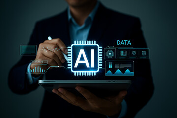 Artificial Intelligence Digital Data Analysis Technology Businessman Using Tablet Modern Futuristic AI Concept Innovation Process Development Blue Light Network Graphic Design Abstract Background Web 