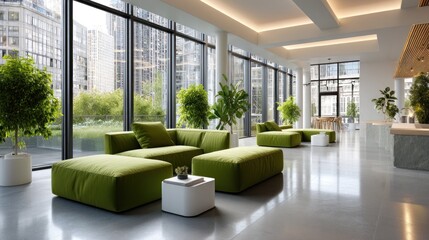 Fototapeta premium Modern office lobby with green furniture, city view, and plants