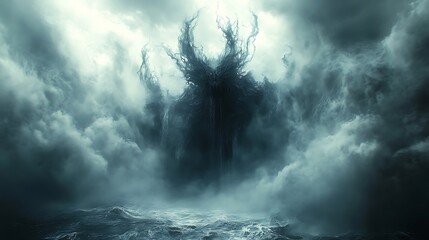 Fototapeta premium A colossal, ominous entity emerges from a tempestuous sky over a tumultuous sea.