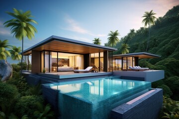 Fototapeta premium Elegant cliffside villa with infinity pool, sun loungers, lush greenery, and breathtaking ocean vistas, offering an ideal tropical retreat