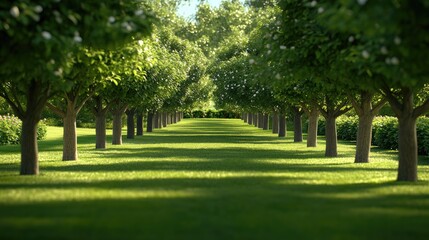 Obraz premium Serene Orchard Pathway Surrounded by Lush Green Trees and Grass