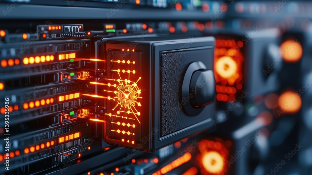 Poster close-up of quantum computer running cryptographic operations with advanced technology and bright vi
