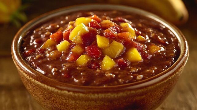 Vista de &acirc;ngulo lateral do vibrante mingau de a&ccedil;a&iacute; com frutas tropicais e ilumina&ccedil;&atilde;o da hora dourada criada com a tecnologia Generative AI