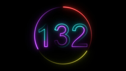 A  glowing circular and neon number 132 illustration . on a black background. and creating a stunning illustration 4k illustration