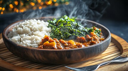 HDR close up of feijoada and rice with fork in foreground and collard greens on wood mat created with Generative AI technology