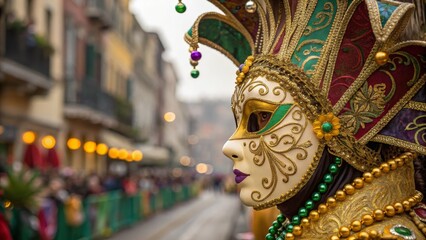 Fototapeta premium Venetian Carnival Mask Gold and Green Jester Design, Close-up, City Background, Venice, Italy ,Carnival,Masquerade