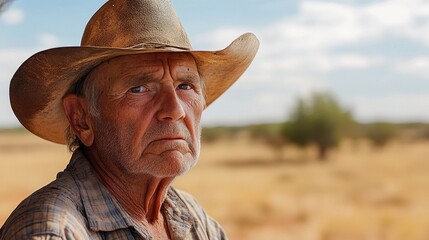 Fototapeta premium portrait of a weathered rancher in a dusty landscape