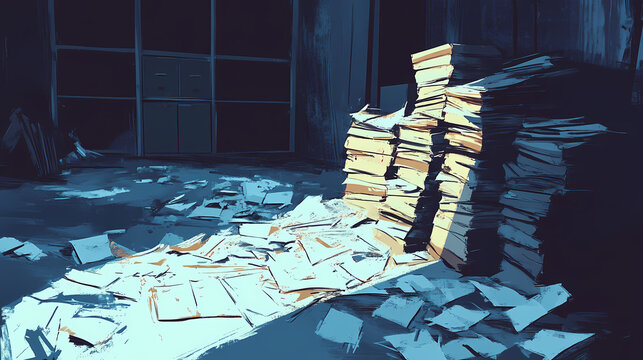 Failed venture stories reveal hidden struggles. capture a dimly lit warehouse, where discarded tools and crumpled papers echo dreams once pursued. Obscured Echo. Illustration