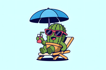Fototapeta premium Humorous flat design vector illustration showing a happy cactus wearing sunglasses, relaxing in a beach chair under a parasol, and holding a refreshing drink, embodying a funny summer vacation concept