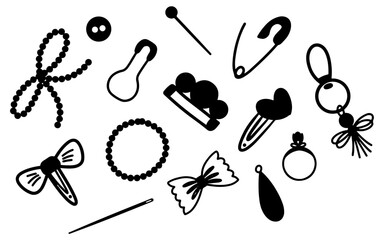 Vector Set of Small Accessories and Sewing Items in Black Silhouette Style