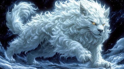 A majestic, fluffy white lion-like creature with golden eyes.