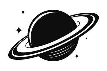 Minimalist Planet Saturn With Rings, Star, and Dot in Black and White on a White Background