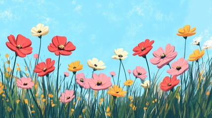 colorful cosmos flower field under blue sky