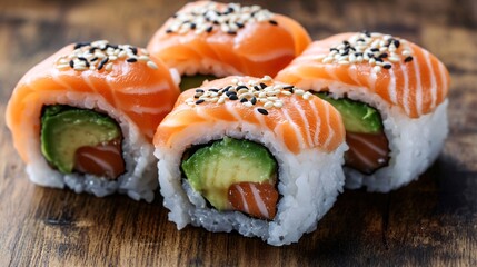 Minimalist style close up of gourmet sushi with salmon avocado rice and sesame created with Generative AI technology