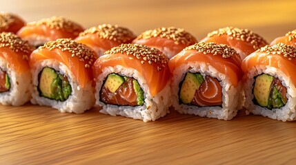 Shallow depth of field image of sushi rolls with fresh salmon and avocado on wood surface created with Generative AI technology