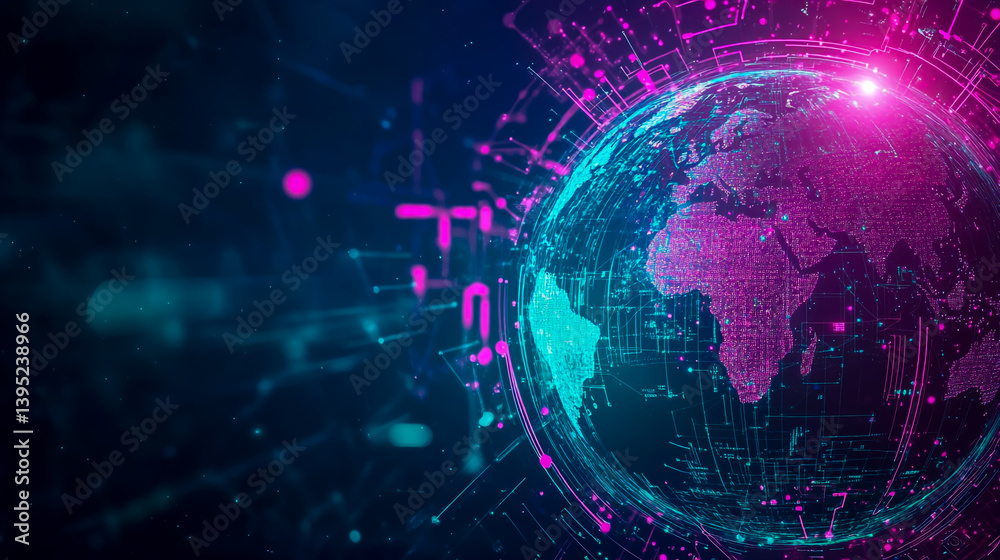 Wall mural global network connection digital world map technology background for business and communication