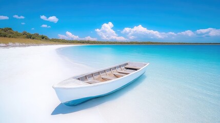 Naklejka premium Pristine white sand beach meets turquoise water, perfect for a peaceful boat ride. Tranquil lake scene, ideal for relaxation