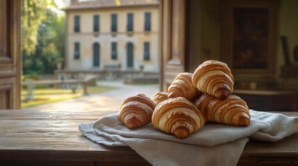 Charme rústico com toalhas de mesa de croissants na hora dourada e cozinha italiana criada com a tecnologia Generative AI