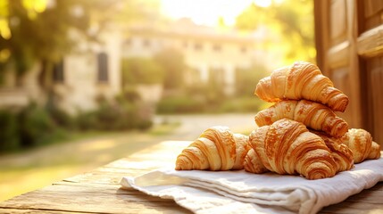 Iluminação cinematográfica dourada, mesa de madeira rústica e croissants com uma vila italiana criada com a tecnologia Generative AI