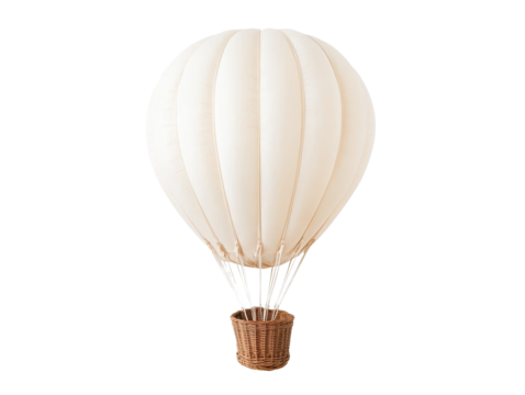 Hot air balloon floating above the ground in a serene setting on a transparent background, cut out