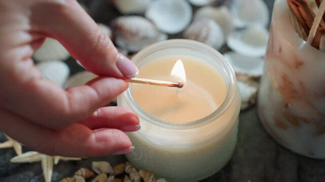Close up of woman with polished nails using lit matchstick to light white candle surrounded by seashells, starfish, and snail shells on marble table, with soft blurred background