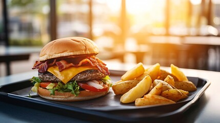 Bandeja Golden hour com hambúrguer suculento, bacon cheddar, legumes frescos e fatias criadas com a tecnologia Generative AI