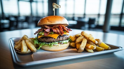 Suculento hambúrguer de bacon e cheddar e fatias crocantes em uma bandeja de fast food com iluminação suave criada com a tecnologia Generative AI